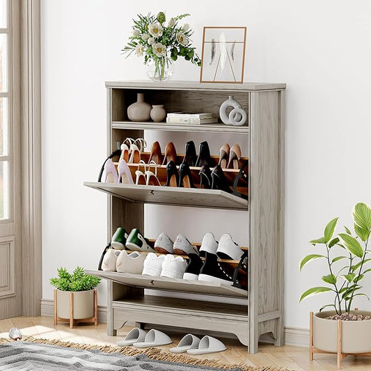 Chogori Solid Wood Shoe Storage Cabinet for Entryway - Narrow Freestanding Shoe Organizer with 2 Flip-Up Drawers, Hallway Shoe Rack with Sturdy Wooden Legs for Foyer, Living Room (1, Charcoal Gray)