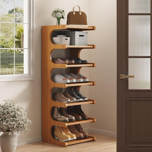 7-Tier Vertical Shoe Rack, Bamboo Free Standing Shoe Rack Shelf, Shoe Storage Stand, Entryway Shoe Tower, Vertical Shoe Organizer for Narrow Closet, Entryway, Hallway, Rustic Brown (16")-NeatNest