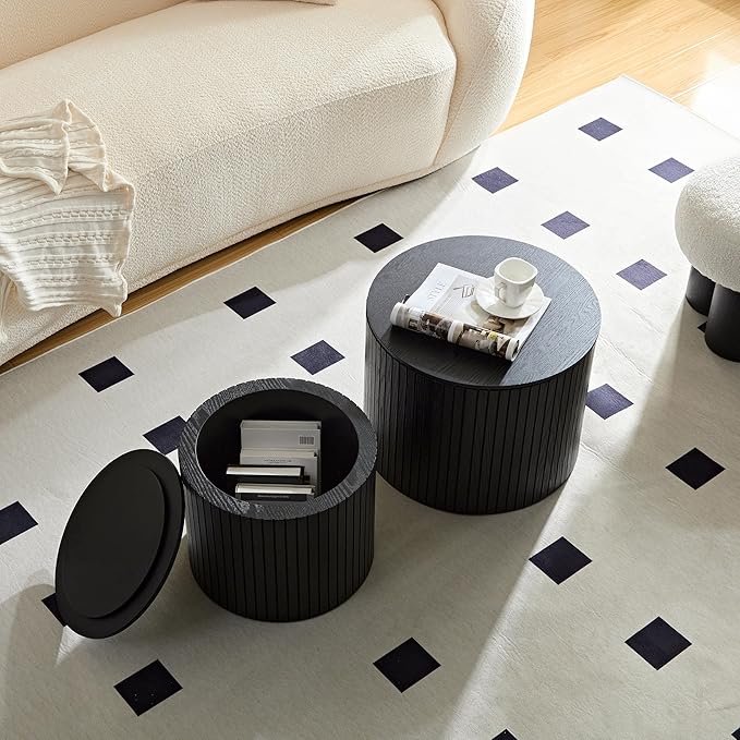 Small Nesting Round Coffee Table Set of 2, Modern Wooden Circle Accent End Side Table for Living Room, Bedroom, No Assembly Required, Black