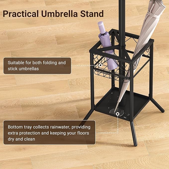 ELYKEN Coat Rack Freestanding, Metal Coat Rack Stand with Umbrella Holder, Modern Coat Tree with 12 Hooks, Floor Standing Corner Hall Tree for Entryway Living Room Bedroom Office, Brown-NeatNest