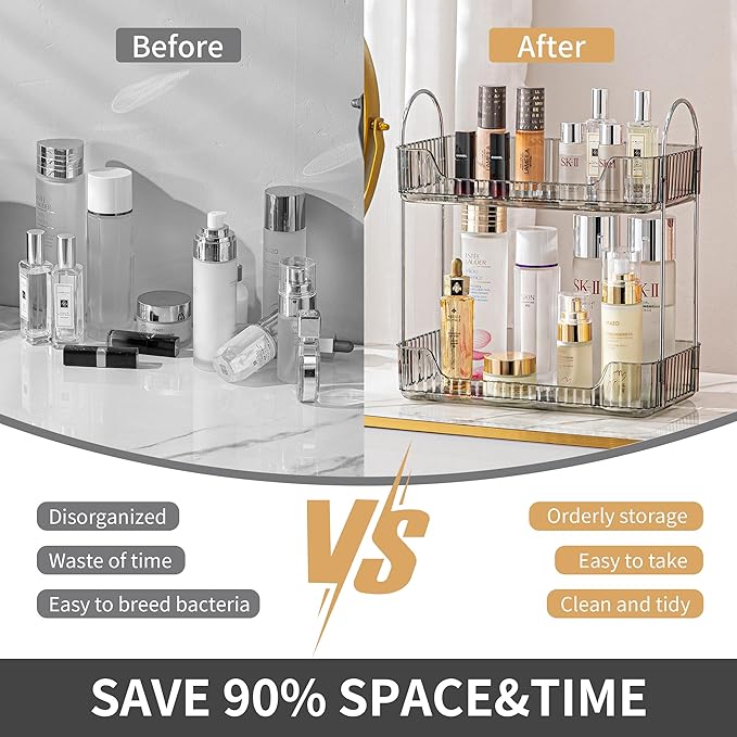 2 Tier Bathroom Organizer Countertop Makeup Perfume Tray Skincare Organizer for Bathroom Dresser Vanity (Grey)-NeatNest