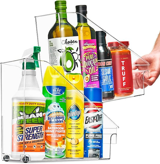 Sorbus Roll Out Bottle Organization Bins - Pantry Under Sink Organizer with Wheels & Handles, Clear Plastic Organizing Containers for Bottles & Cleaning Supplies - Kitchen Cabinet Laundry Room Storage-NeatNest