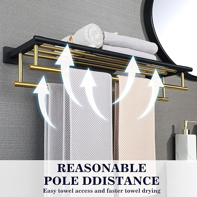 Alise Towel Rack,Towel Hanger with Double Towel Bars,Wall Mount Tower Holder for Bathroom and Lavatory,SUS 304 Stainless Steel Towel Shelf,Gold and Finish,32 Inch