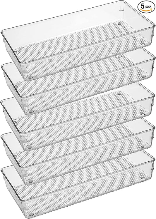 ihomecooker 5 Pack Clear Plastic Drawer Organizer Tray Cutlery Utensil Makeups Drawer Silverware Organizers 12" X 6"-NeatNest