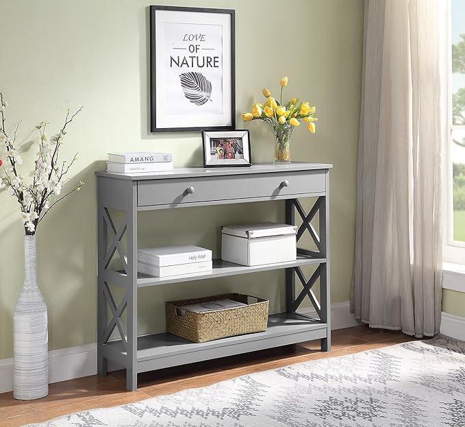 Convenience Concepts Oxford 1-Drawer Console Table 39.5" - Farmhouse Sofa Display with Storage Shelf For Living, Family, & Dining Room, Modern Entryway Hall Table for Kitchen, Bedroom, Gray-NeatNest