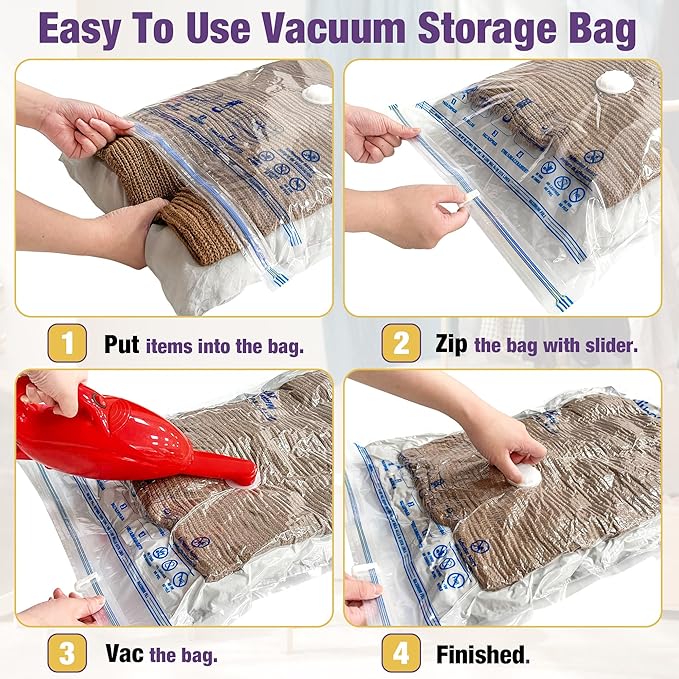 HIBAG Vacuum Storage Bags, 10-Pack Vacuum Seal Bags for Clothing Clothes, Space Saver Bags (2 Jumbo, 2 Large, 2 Medium, 2 Small, 2 Roll-up) with Pump (10-Combo)-NeatNest