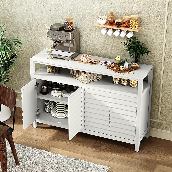HLR Bathroom Floor Storage Cabinet, Farmhouse Sideboard with Decorative Louvered Doors, Bathroom Storage Unit with 4 Doors & Shelves, Freestanding Credenza for Dining Room, Living Room, Hallway, White-NeatNest