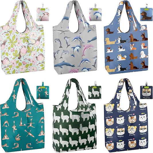 BeeGreen Reusable Grocery Bags 6 Pack, Heavy Duty Totes for Women, Foldable Grocery Bag Large Shopping Totes with Handles for Work, Travel, Gift, Store, Polyester Washable Reusable Tote Bag-NeatNest