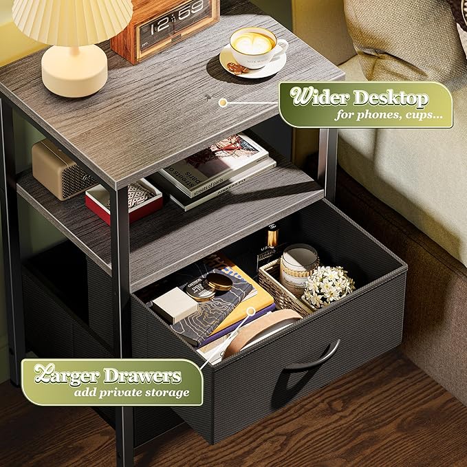 Huuger Night Stand with 2 Drawers, Bed Side Table with Open Shelf, Wooden Top, Nightstand for Bedroom, End Table for Small Space, Fabric Drawer, Grey