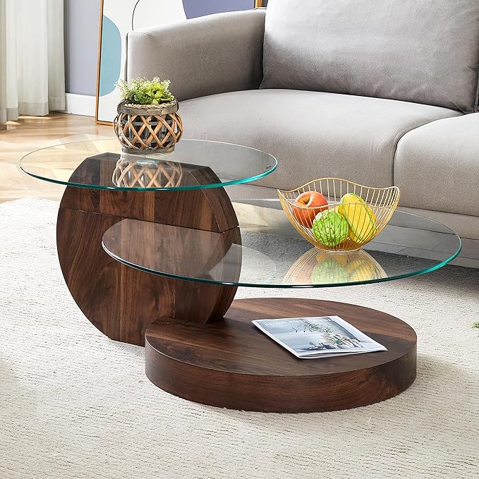 Glass Coffee Tables for Living Room Round Coffee Tables Modern Double Layer Round Table Circle Coffee Table for Small Space Home Office (42 Inch Dark Brown)