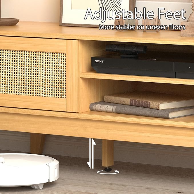 Boho TV Stand for 55 65 Inch TV, Rattan Entertainment Center with Shelves, Cabinets and Sliding Doors, TV Media Console Table with Solid Wood Feet & Cord Holes for Living Room, Bedroom, Natural-NeatNest
