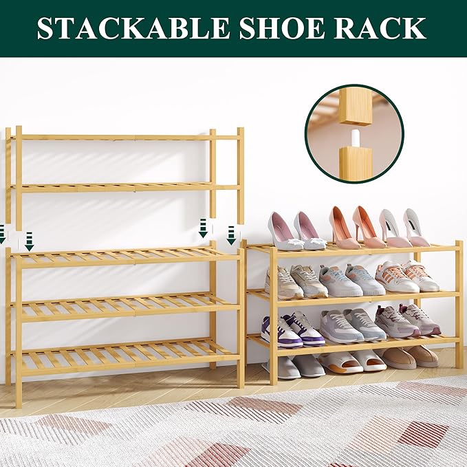 Smiry Bamboo Shoe Rack for Closet, 4 Tier Wooden Stackable Shoe Organizer, Free Standing Shoes Storage Shelf for Entryway, Front Door Entrance, Natural-NeatNest