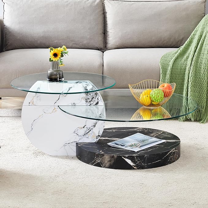 Glass Coffee Tables Round Coffee Tables for Living Room Modern 3 Tier Round Table Circle Coffee Table for Small Space Home Office (42 Inch White+Black)