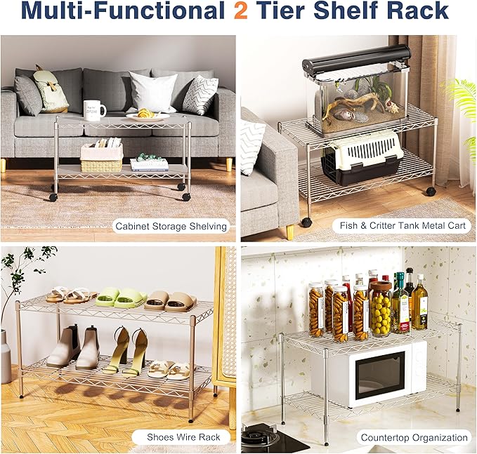 2-Tier Heavy Duty Shelving Unit,36" Wx18 Dx19.5H,Wire Shelf Rack with Lockable Wheels,Height Adjustable Metal Storage Shelves Organizer for Living Room,Garage,Kitchen,Office,Laundry,Pantry
