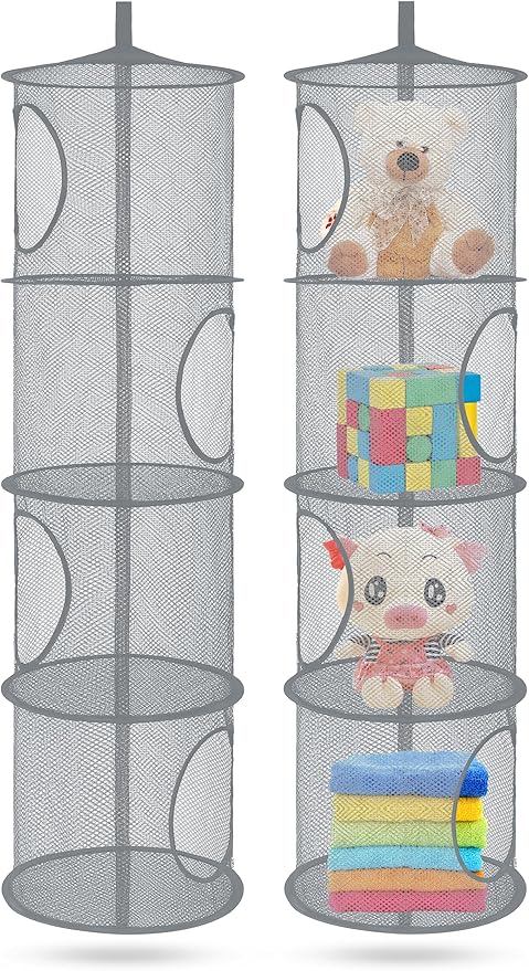 2Pcs Stuffed Animal Storage Foldable Stuffed Animal Net or Hammock Organizer, 4 Compartments Hanging Mesh Toy Storage Hammock for Kid Room Toys, Gloves, Hats, Socks（Grey）-NeatNest