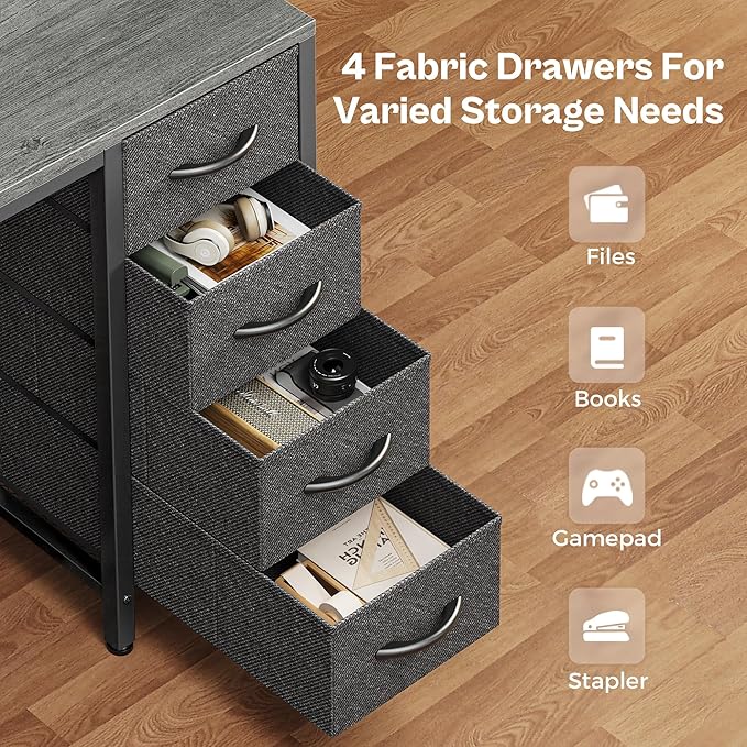 Huuger 47 inch Computer Desk with 4 Drawers, Gaming Desk with LED Lights & Power Outlets, Home Office Desk with Large Storage Space for Bedroom, Work from Home, Grey-NeatNest