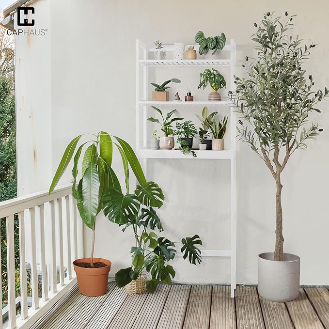 CAPHAUS Over The Toilet Storage Shelf,3-Tier Bathroom Organizer Shelf Rack Over Toilet with Hooks & Adjustable Feet,Freestanding Toilet Shelf, Bathroom & Laundry Organizer,Balcony Plant Stand, White-NeatNest