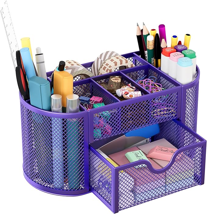 EasyPAG Mesh Desk Organizer, Multi-functional Stationery Organizer for School Supplies, Office Pen Holder for Desk, 9 Compartments Dorm Organization with Drawer, Purple
