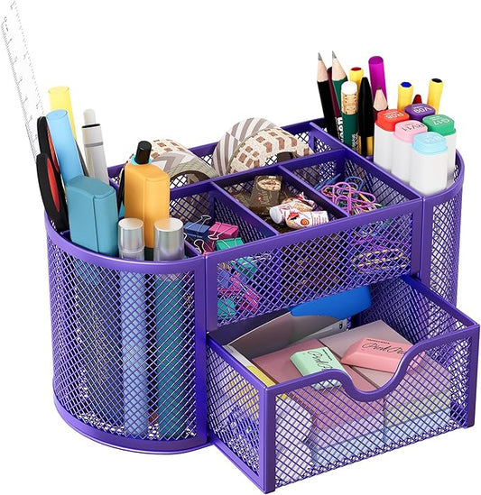 EasyPAG Mesh Desk Organizer, Multi-functional Stationery Organizer for School Supplies, Office Pen Holder for Desk, 9 Compartments Dorm Organization with Drawer, Purple