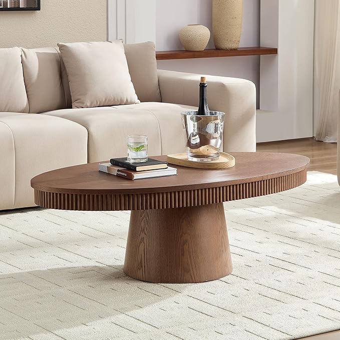 Coffee Table Modern Oval Wood Coffee Tables Mid Century Center Fluted Farmhouse Drum Tea Boho Wooden for Living Room Apartment Home Office Walnut 47.24" W x 26.77" D x 15.86" H-NeatNest