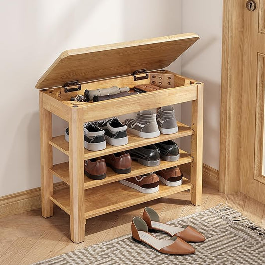 Shoe Rack Bench Seat Rubberwood 3-Tier Wooden Storage Bench 550lbs Compact Mid-Century Modern Design for Entryway, Hallway, Closet, Front Door Entrance, Foyer