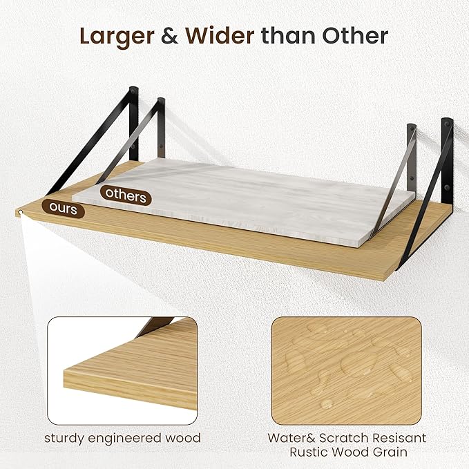 Fun Memories Floating Shelves for Wall, 12 Inch Deep Floating Shelves Set of 2, 16W x 12D Large Wall Shelf with Sturdy Metal Brackets for Living Room, Bathroom, Bedroom and Kitchen, Oak-NeatNest