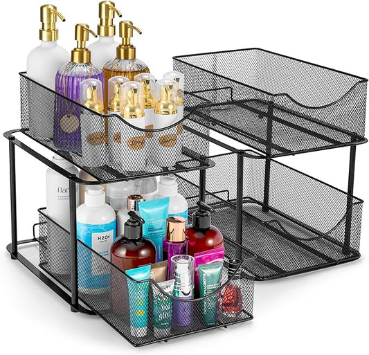 Sorbus 2 Sets of 2 Tier Metal Under Sink Organizer for Bathroom, Kitchen, Strong Steel Mesh Sliding Drawers for Under Sink, Under Cabinet, Closet, Kitchen, Pantry, Bathroom Organizers and Storage-NeatNest