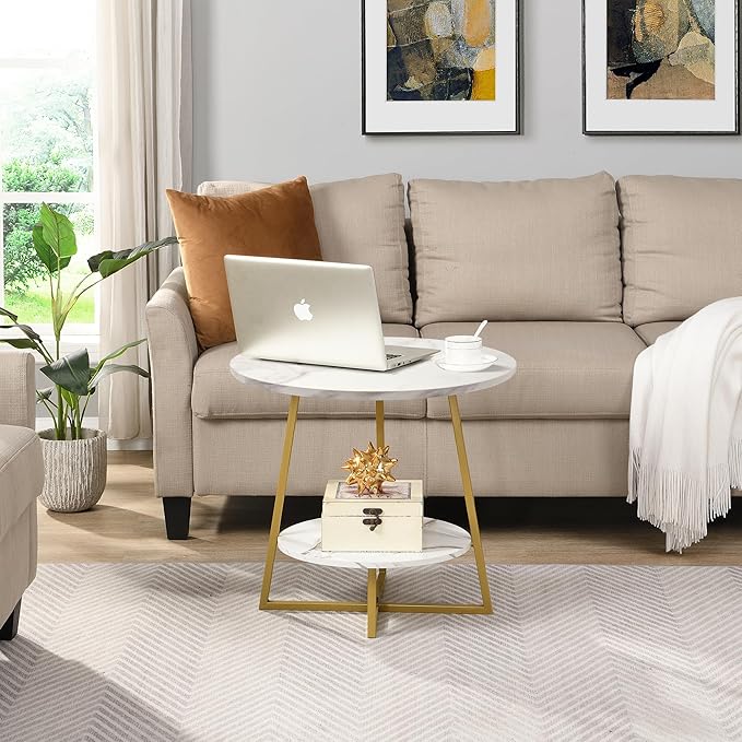 D&H FURNIMMT 20" Living Room Side Table for Small Spaces, 2 Tier Wood Top Round End Tables with Storage Shelf, Accent Sofa Table for Bedroom, Office, Sunroom, Balcony, White Faux Marble/Gold-NeatNest