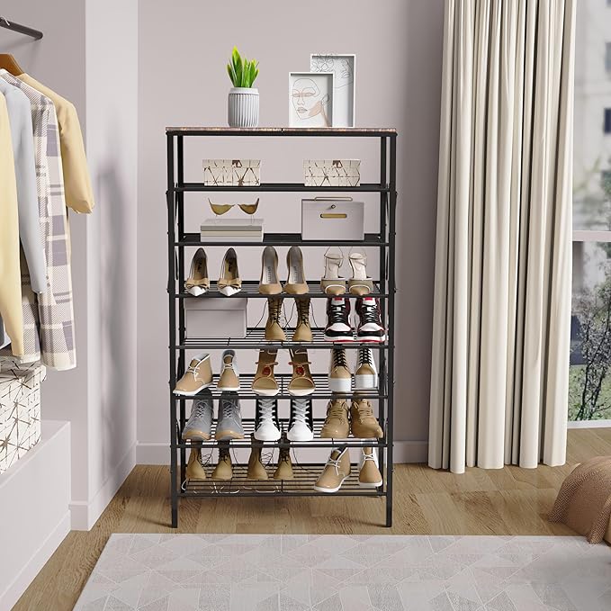 8-Tier Metal Shoe Rack for 32 Pairs, Heavy-Duty Shoe Organizer with Rustic Wooden Top, Space-Saving Entryway Shoe Storage for Closet, Garage, Hallway, Bedroom, Black & Rustic Brown-NeatNest