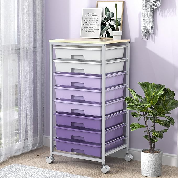 Rolling Cart with Drawers,Utility Cart With 8 Drawers and Wooden Tabletop for Living Room,Classroom,Bedroom,Bathroom,Dorm,Office,Purple