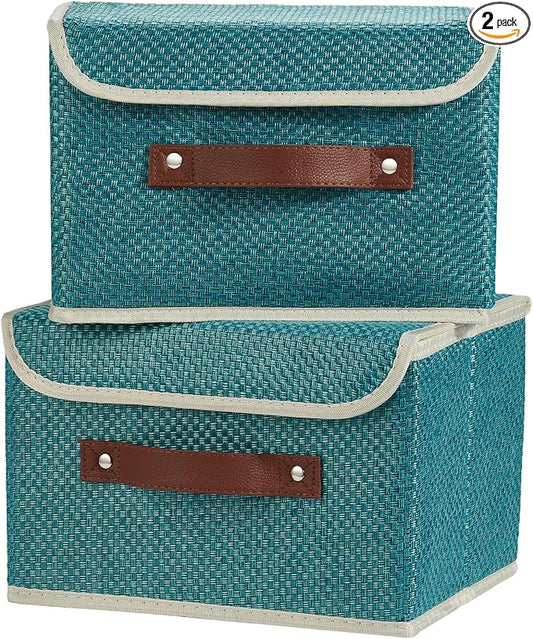 2PCS Storage Bins with Lid Fabric Storage Box Basket PU Leather Handle Textured Woven Cotton Linen Decorative Foldable Washable Shelf Closet Organizer Container (Flip-top Lid, Blue, Small)-NeatNest