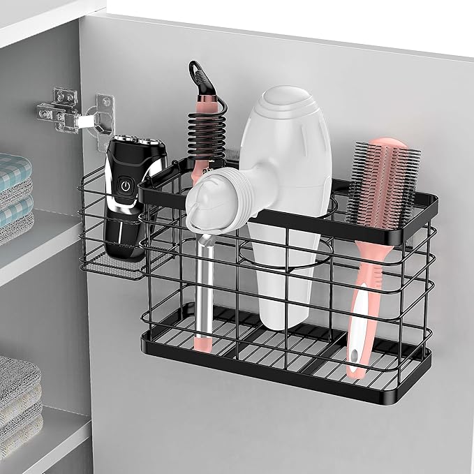 Hair Tool Organizer - Black Steel Wall Mounted Hair Dryer Holder with Removable Basket, 10.62"L x 4.33"W x 6.69"H, Ideal for Small Bathrooms-NeatNest