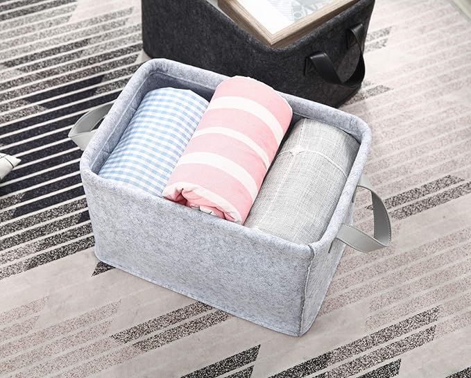 Collapsible Storage Bins Foldable Felt Fabric Storage Basket Organizer Boxes Containers with Handles PU Handles for Nursery Toys,Kids Room,Clothes,Towels,Magazine (PU-Light grey, 15.9L×11W×9.8H)-NeatNest