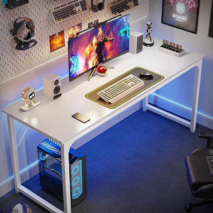 Huuger Computer Desk, 63 Inch Office Desk, Gaming Desk with Storage, Writing Desk Work Desk for Home Office, Study, Modern Simple Desk, Large Legroom, Metal Frame, White-NeatNest
