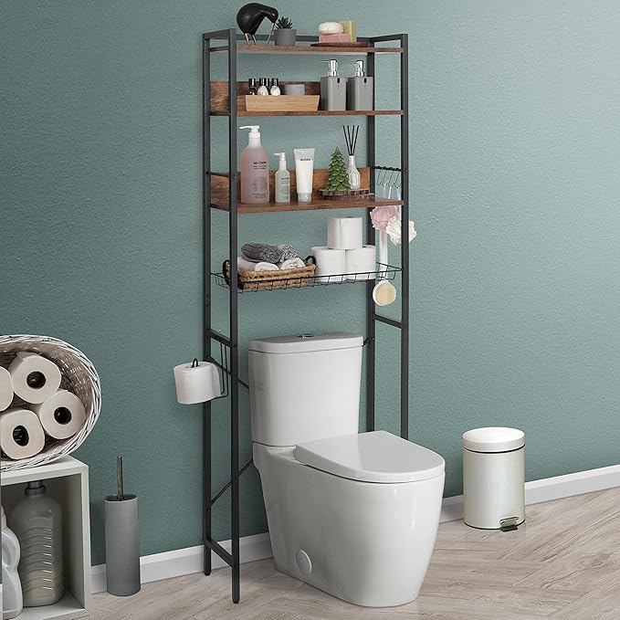 CAPHAUS Over The Toilet Storage, 4-Tier Bathroom Organizer, Freestanding Toilet Shelf, Multifunctional Space Saver Toilet Rack with 4 Hooks, Laundry Organizer, Plant Stand for Balcony (Rustic Oak)-NeatNest