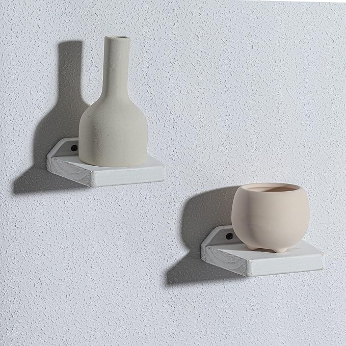 Freezing point Small Floating Shelves for Wall Set of 2 Natural Wood 5Inch Mini Wall Shelf Decor Plant Display Collectibles Mounted Kitchen Bathroom Bedroom Corner Decorative Storage Tiny Stand White
