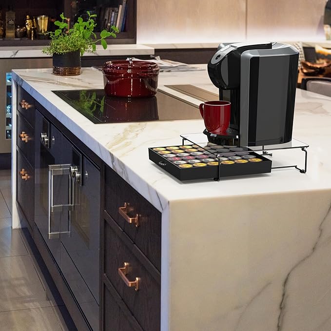 DecoBrothers Crystal Tempered Glass Holder Drawer for 36 Coffee Pods Storage, Black-NeatNest