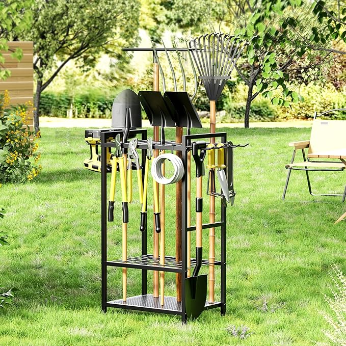 Garden Garage Tool Organizer Yard Tool Organizer for Garage with 4 Hooks, Heavy duty Steel Garden Tool Rack Holds up to 48 Long Handled Yard tools for Storage