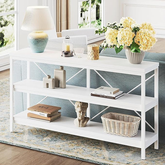 karlott 3-Tier Console Table, 55.1" Entryway Table with Metal Frame and Open Shelves, Modern Behind Couch Sofa Table for Living Room, Hallway, Foyer, Entrance, Industrial, Bookshelf, White-NeatNest