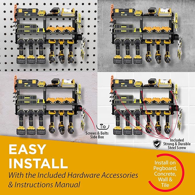 GRG Tools Heavy-Duty Power Tool Organizer – Wall Mounted Drill Rack for 6 Cordless Drills, Garage & Workshop Tool Storage Shelf with Screws & Bolts Side Box, 300LBS Load Capacity, Sturdy Metal Design