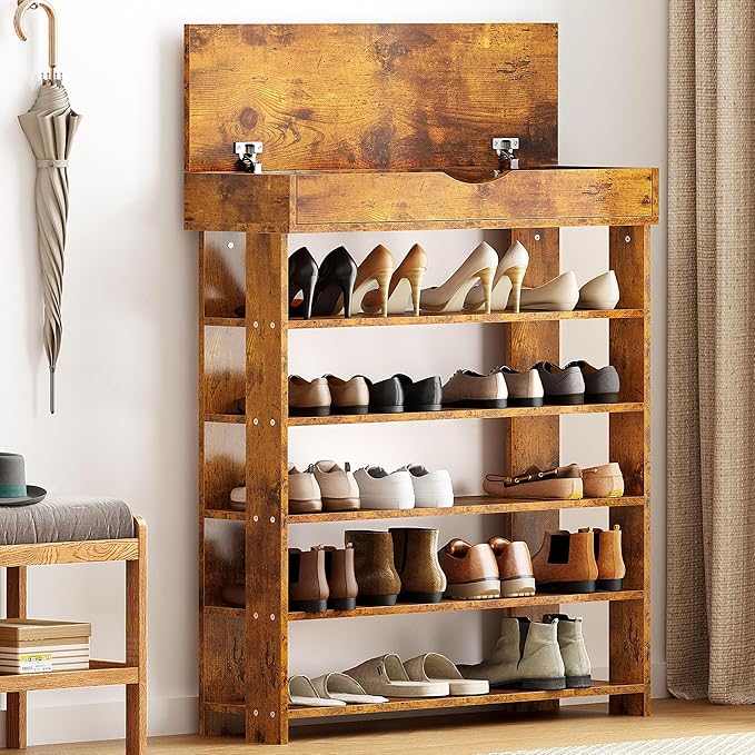 soges 5-Tier Wooden Shoe Rack with Storage Cabinet, 29.5 inches Vertical Free Standing Shoe Shelf, Shoe Organizer Storage Cabinet for Entryway, Living Room, Hallway, Doorway, Rustic Brown-NeatNest
