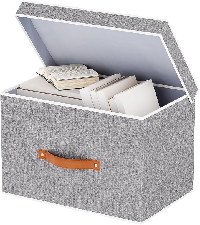 Collapsible Storage Bins with Lids, 1 Pack Linen Foldable Cloth Baskets, 15 x 9.8 x 9.8 Inch Closet Organizer Containers with Double Handles, Sweater Boxes for Bedroom, Grey-NeatNest