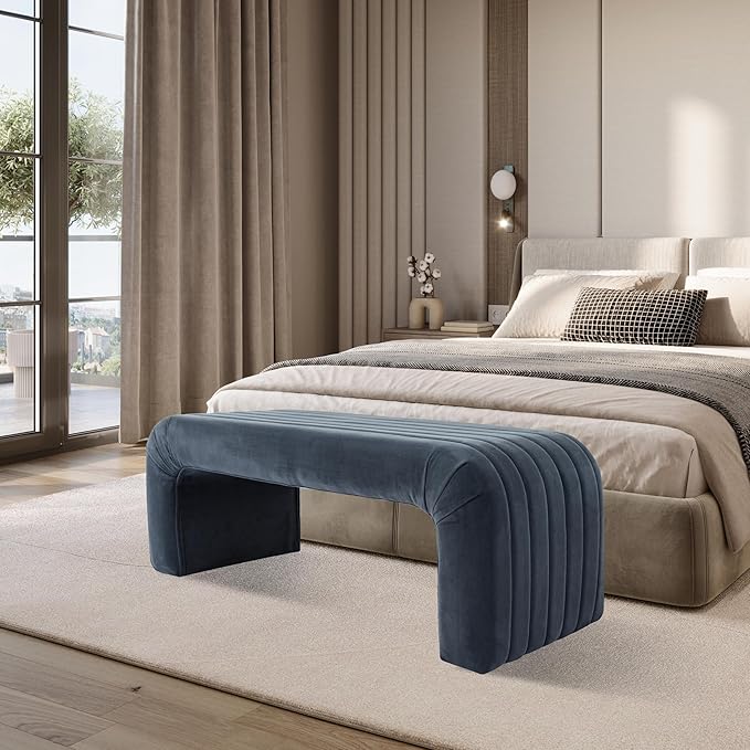 HomePop Arch Channel Bench|Bench for Living Room & Bedroom | Decorative Home Furniture - Blue Velvet