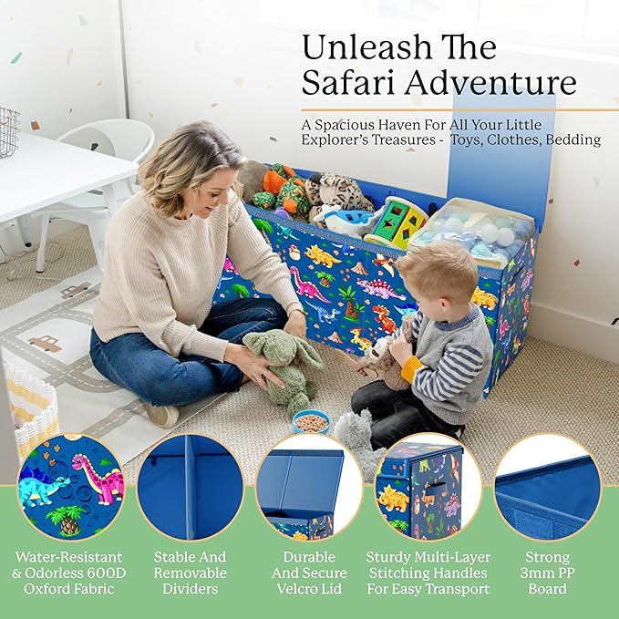 Extra Large Dinosaur Toy Box – 40"x13.5"x16.5" Collapsible Toy Chest with Dividers & Lid for Boys and Girls, Sturdy Kids Toy Organizer Bin for Nursery, Playroom, Bedroom, Stuffed Animal Storage