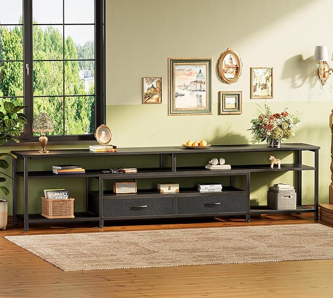 Huuger 79 Inch TV Stand for 85, 90 Inch TV, Entertainment Center with LED Lights and Power Outlets, TV Console with Drawers, Shelves, Type C, PU Leather Surface, for Living Room, Black-NeatNest