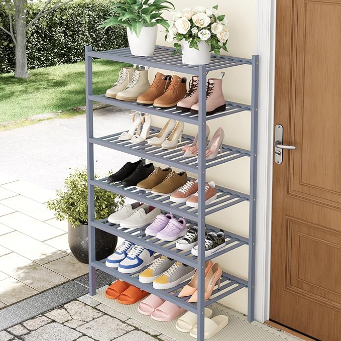 Smiry Shoe Rack, 6 Tier Thick Bamboo Shoe Organizer, Stackable Free Standing Wooden Shoe Storage Shelf for Closet, Entryway, Front Door Entrance, Grey-NeatNest