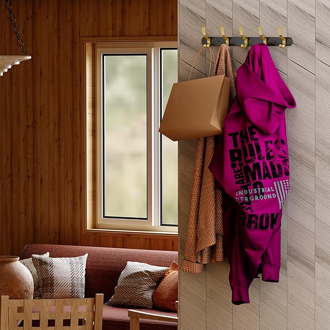 Black and Gold Coat Rack Wall Mounted - 16 Inch Heavy Duty Stainless Steel Matte Finish Wall Hook Rack - 5 Double Coat Hooks for Hanging Towels, Bags, Hat - Bathroom Entryway - 2 Pack-NeatNest