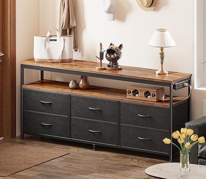 Huuger LED TV Stand for Bedroom, 55 Inch Fabric Dresser with Power Outlets, Entertainment Center for 60, 55 Inch TV, 6 Drawer Dresser for Bedroom, Chest of Drawers with Shlef, PU Leather, Rustic Brown-NeatNest