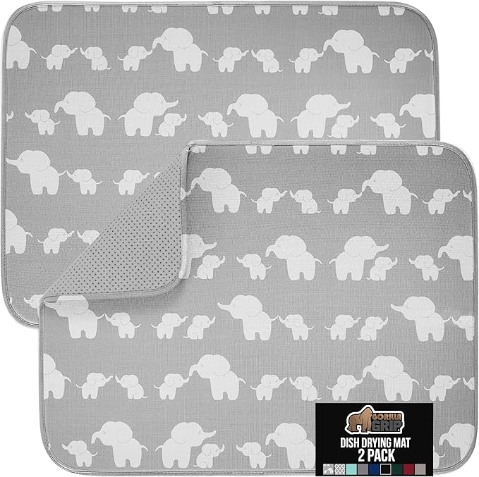 GORILLA GRIP Ultra Water Absorbent Microfiber Dish Drying Mat, 18x24, Quick Dry Mesh, Slip Resistant Pad for Sink Dishes or Under Rack, Kitchen Counter Accessories, Machine Wash, 2 Pack Elephants