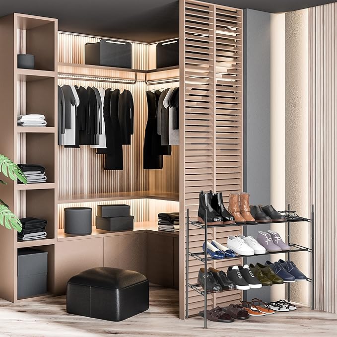 Simple Houseware 3-Tier Expandable and Stackable Shoe Racks with Shelves for 12 Pairs of Shoes, Black-NeatNest